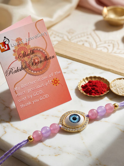 Evil Eye Rakhi for Brother. Protective Charm with Pastel Beads, Roli, Chawal & Card (265-CHR1-1191-P-1-2026)