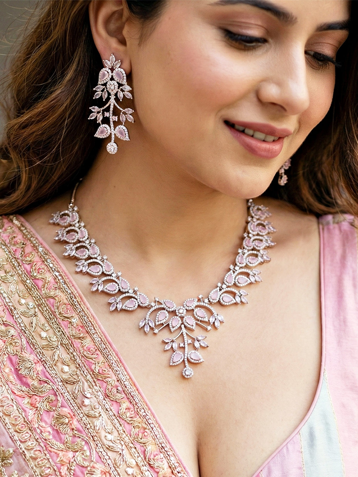 Silver-Tone Pink Stone & American Diamond Necklace Set with Earrings for Women – Office, Party & Function Wear (1948-K4SA-2241-PK-S)