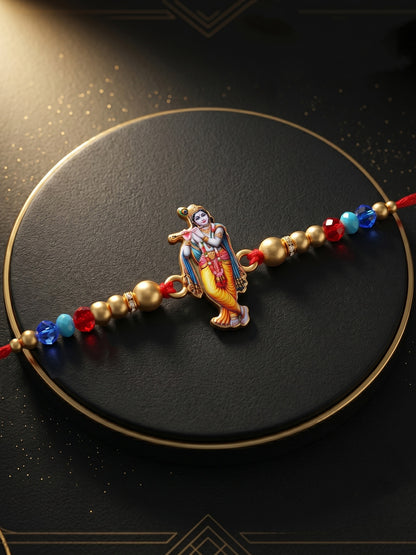 Spiritual Flute-Playing Krishna Beaded Rakhi Set For Brother With Roli Chawal & Card (84-S5R1-JCP328)
