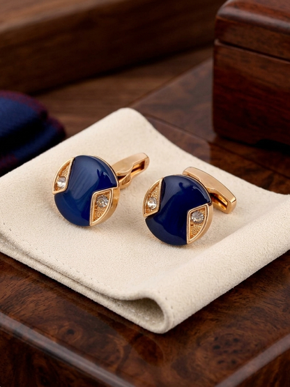 LUCKY JEWELLERY Unique Men Jewelry | 18k Gold Plated Blue Enamel Sleeve Button Formal Cuff Button | Wedding Shirt Button, Suit, Blazer Cufflinks Pair Set | Valentine Gift For Men (300-CHC4-1008B-B)
