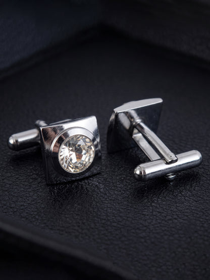 Lucky Jewellery Unique Men Jewelry White Color Stone Silver Plated Sleeve Button Formal Cuff Button Wedding Shirt Button, Suit, Blazer Cufflinks Pair Gift Set for Men (314-M4C54-CRR42TSG-S)