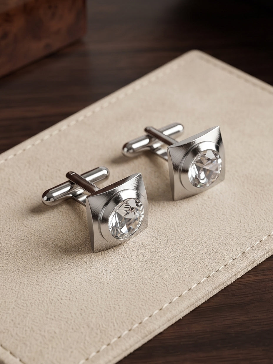 Lucky Jewellery Unique Men Jewelry White Color Stone Silver Plated Sleeve Button Formal Cuff Button Wedding Shirt Button, Suit, Blazer Cufflinks Pair Gift Set for Men (314-M4C54-CRR42TSG-S)