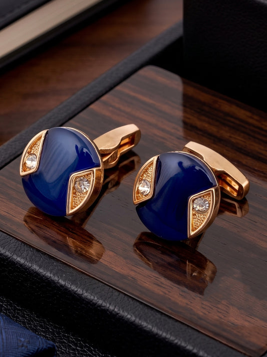 LUCKY JEWELLERY Unique Men Jewelry | 18k Gold Plated Blue Enamel Sleeve Button Formal Cuff Button | Wedding Shirt Button, Suit, Blazer Cufflinks Pair Set | Valentine Gift For Men (300-CHC4-1008B-B)