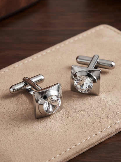 Lucky Jewellery Unique Men Jewelry White Color Stone Silver Plated Sleeve Button Formal Cuff Button Wedding Shirt Button, Suit, Blazer Cufflinks Pair Gift Set for Men (314-M4C54-CRR42TSG-S)
