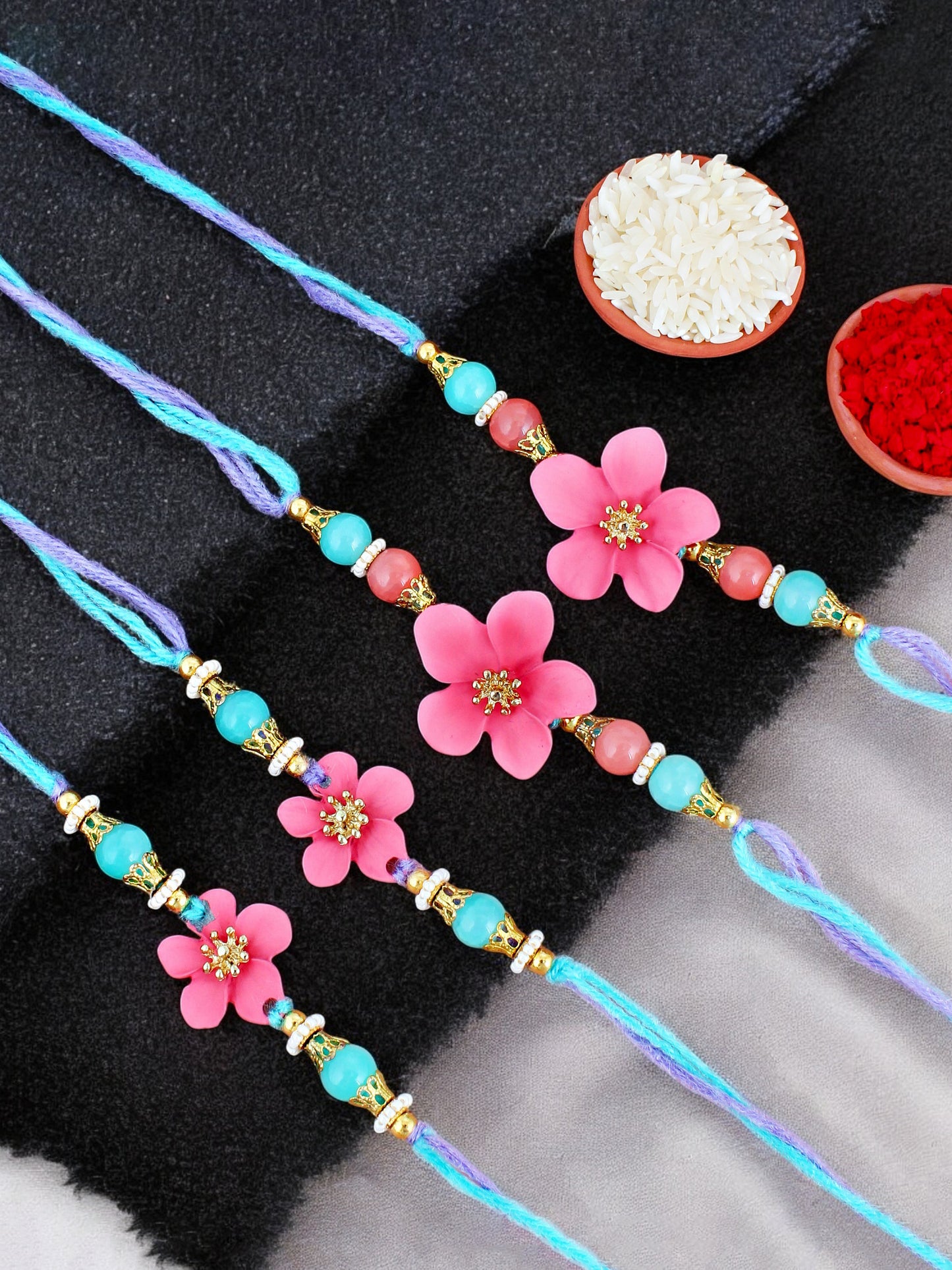 Lucky Jewellery Designer Pink Color Floral Rakhi - Rakshabandhan Rakhee Bracelet for Brother/Bhaiya/Bhai/Bhabhi - Pack of 4 (170-CHR1-1211-PK-4)