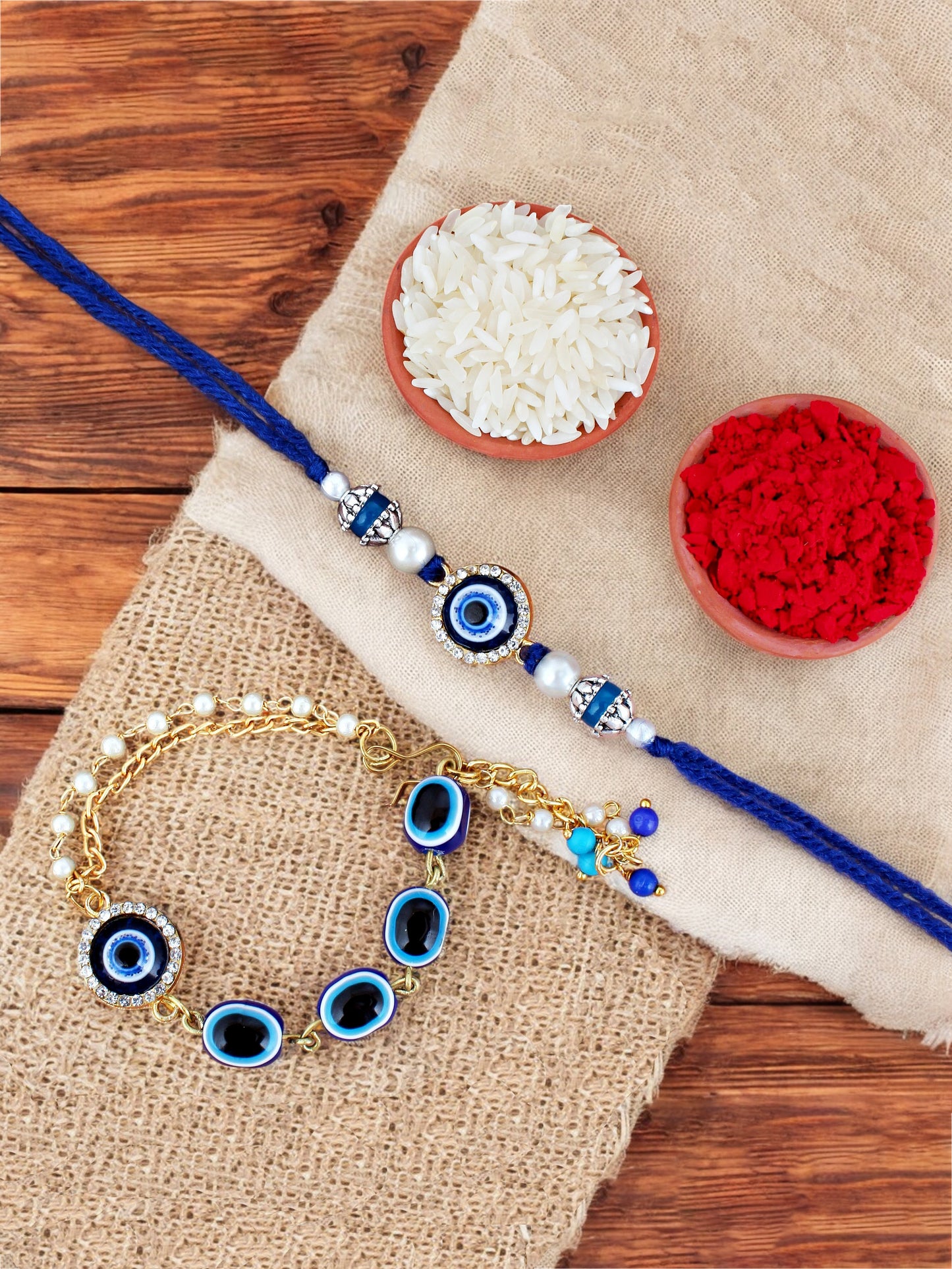 Lucky Jewellery Designer Blue Color Evil Eye Rakhi - Rakshabandhan Rakhee with Lumba Bracelet for Brother/Bhaiya/Bhai/Bhabhi - Pack of 2 (132-JPCR1-1987-2)