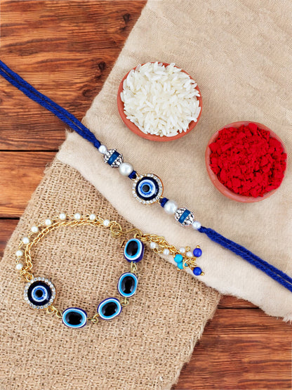Lucky Jewellery Designer Blue Color Evil Eye Rakhi - Rakshabandhan Rakhee with Lumba Bracelet for Brother/Bhaiya/Bhai/Bhabhi - Pack of 2 (132-JPCR1-1987-2)