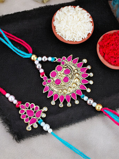 Lucky Jewellery Designer Oxidised Gold Magenta Color Meena Rakhi - Rakshabandhan Rakhee with Lumba Bracelet for Brother/Bhaiya/Bhai/Bhabhi - Pack of 2 (140-WER1-3082-2)