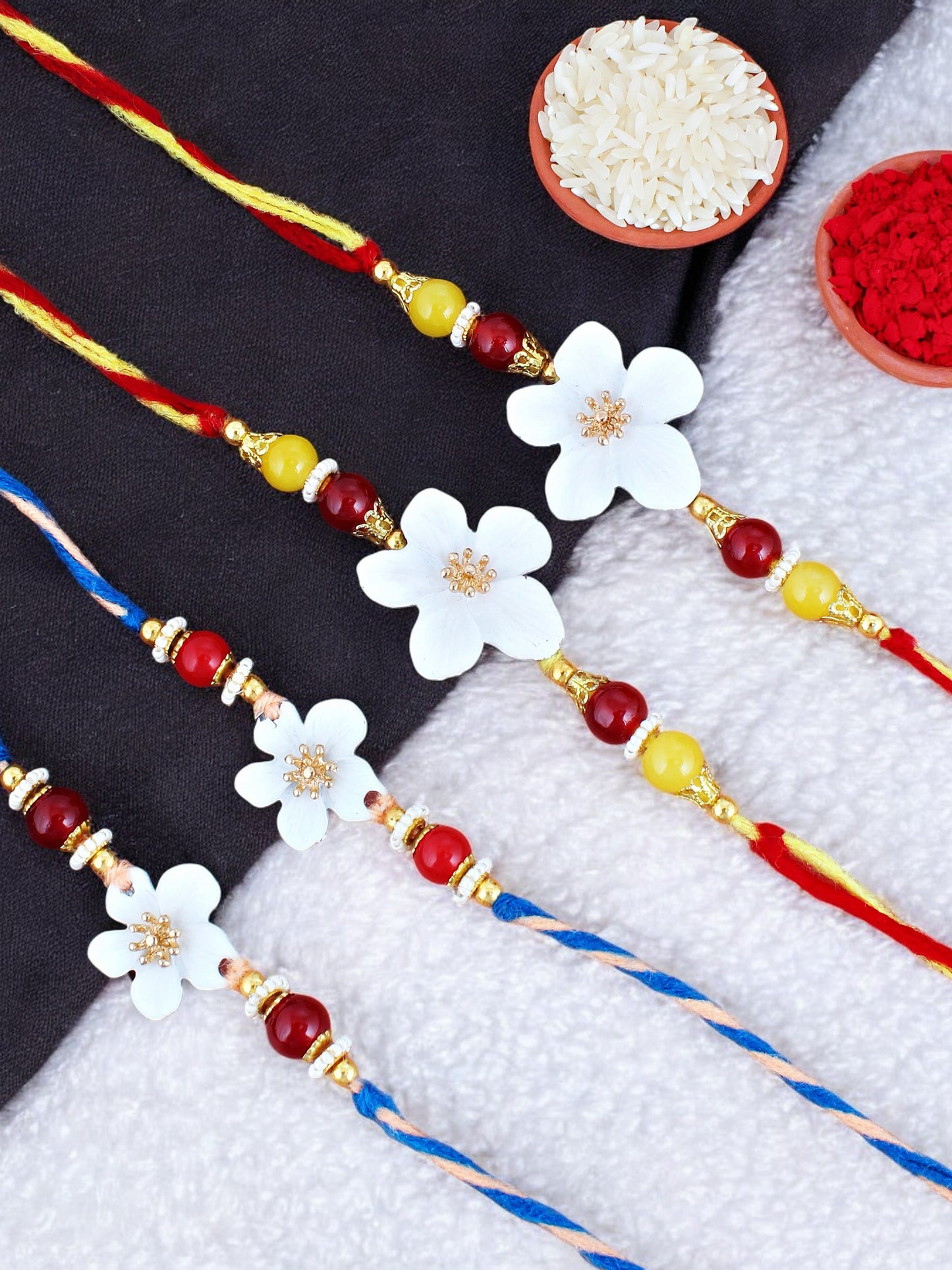 Lucky Jewellery Designer White Color Floral Rakhi - Rakshabandhan Rakhee Bracelet for Brother/Bhaiya/Bhai/Bhabhi - Pack of 4 (170-CHR1-1211-W-4)