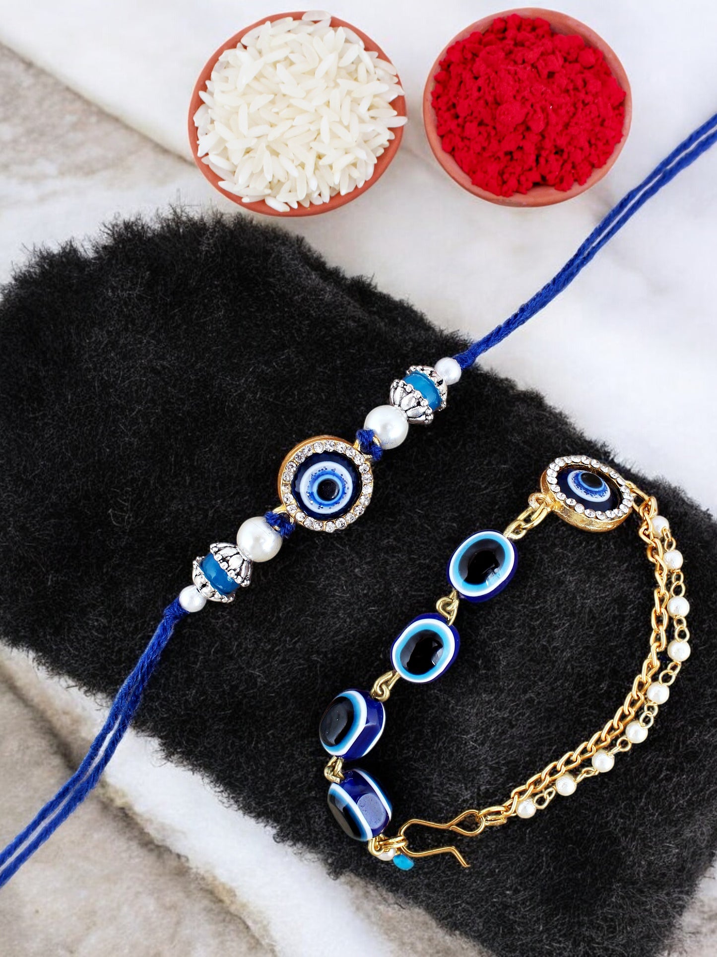 Lucky Jewellery Designer Blue Color Evil Eye Rakhi - Rakshabandhan Rakhee with Lumba Bracelet for Brother/Bhaiya/Bhai/Bhabhi - Pack of 2 (132-JPCR1-1987-2)