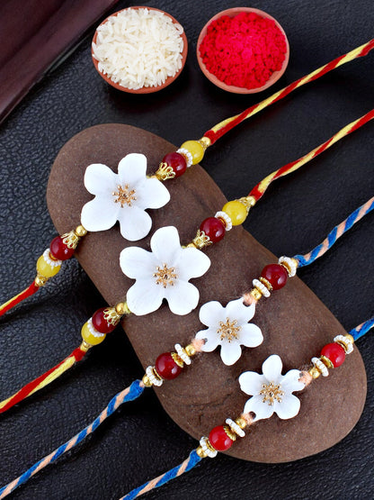 Lucky Jewellery Designer White Color Floral Rakhi - Rakshabandhan Rakhee Bracelet for Brother/Bhaiya/Bhai/Bhabhi - Pack of 4 (170-CHR1-1211-W-4)