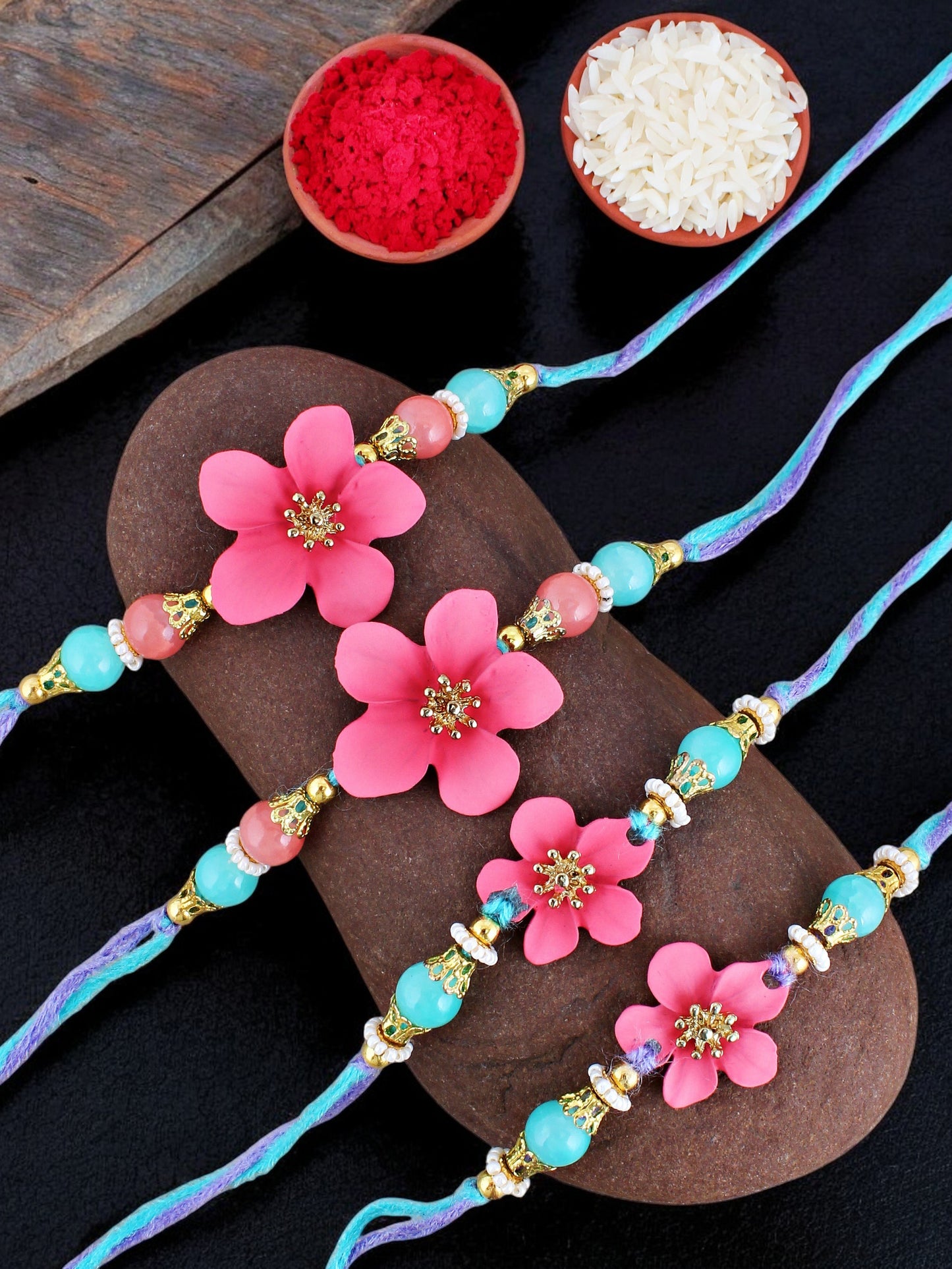 Lucky Jewellery Designer Pink Color Floral Rakhi - Rakshabandhan Rakhee Bracelet for Brother/Bhaiya/Bhai/Bhabhi - Pack of 4 (170-CHR1-1211-PK-4)