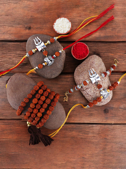 Lucky Jewellery Designer Religious Shiva Rakhi - Rakshabandhan Multi Layered 108 Beads Immitation Rudraksh Combo Rakhee Lumba Bracelet for Brother Bhaiya Bhai Bhabhi - Pack of 5 (718-JPR1-1994-5)