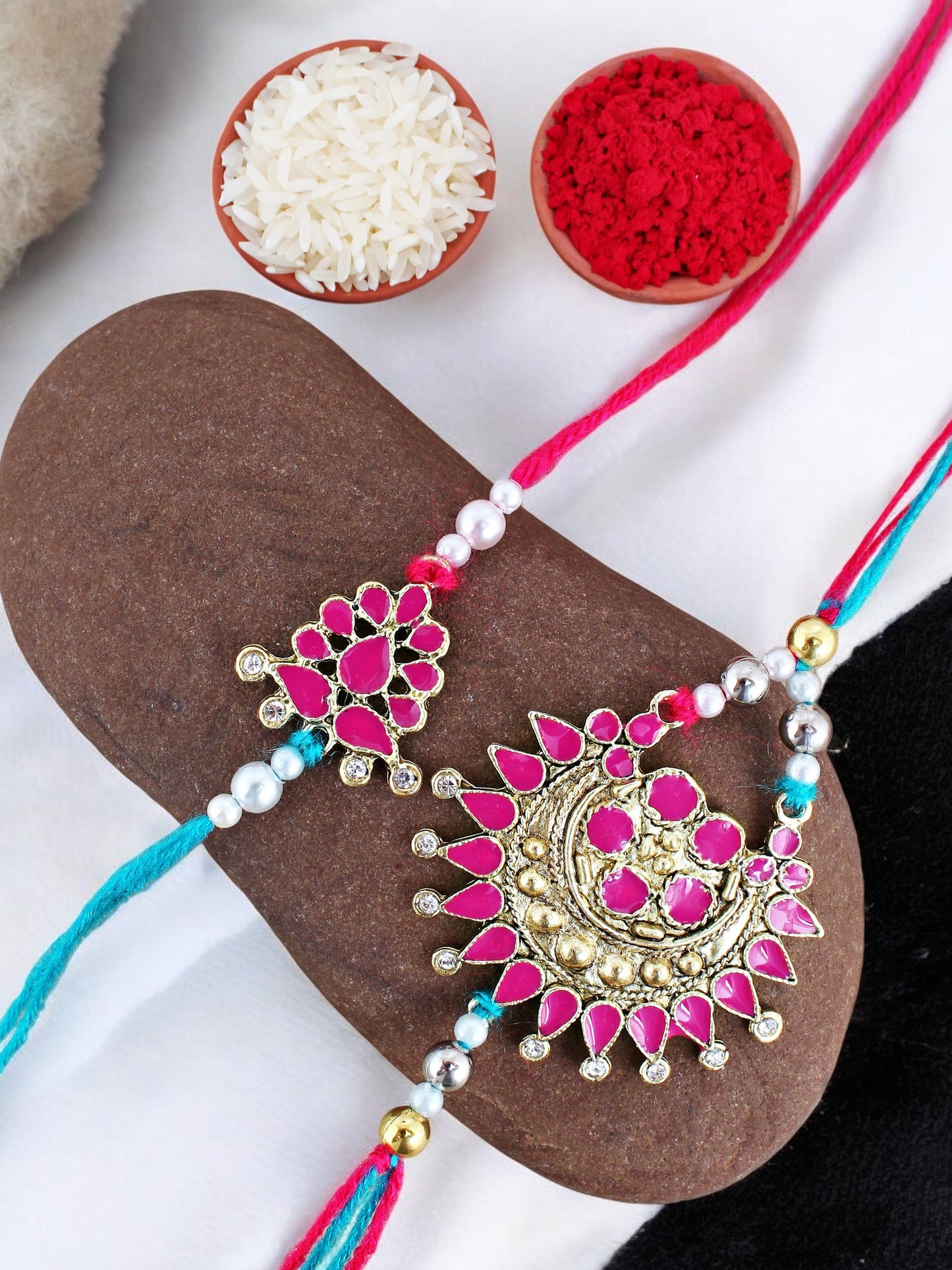 Lucky Jewellery Designer Oxidised Gold Magenta Color Meena Rakhi - Rakshabandhan Rakhee with Lumba Bracelet for Brother/Bhaiya/Bhai/Bhabhi - Pack of 2 (140-WER1-3082-2)