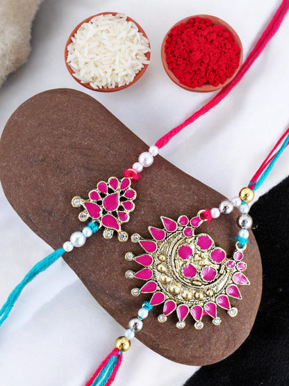 Lucky Jewellery Designer Oxidised Gold Magenta Color Meena Rakhi - Rakshabandhan Rakhee with Lumba Bracelet for Brother/Bhaiya/Bhai/Bhabhi - Pack of 2 (140-WER1-3082-2)